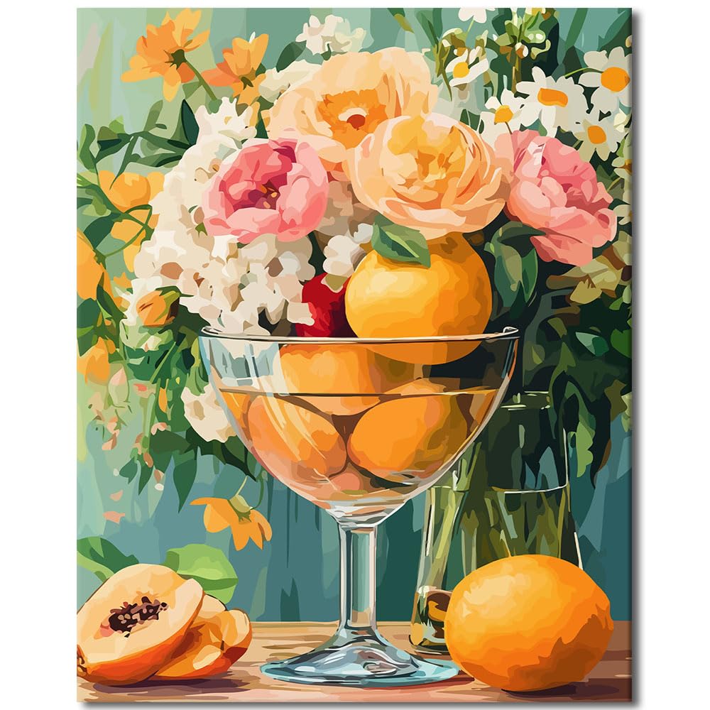 TISHIRON Paint by Numbers Kit for Adults Beginner, Adult Paint by Number Kits - Elegant Wine Glasses with Flowers & Fruits on Table Still Life Art, DIY Home Decor(16x20 Inch)