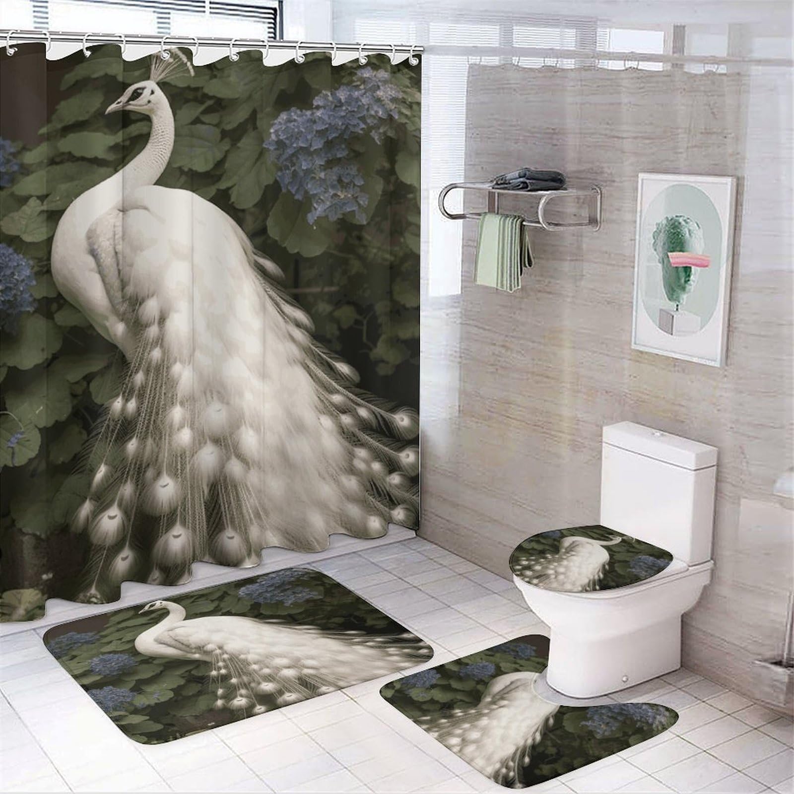 Rideaux de douche paon blanc parure de bain 4 pièces avec housse wc et crochets