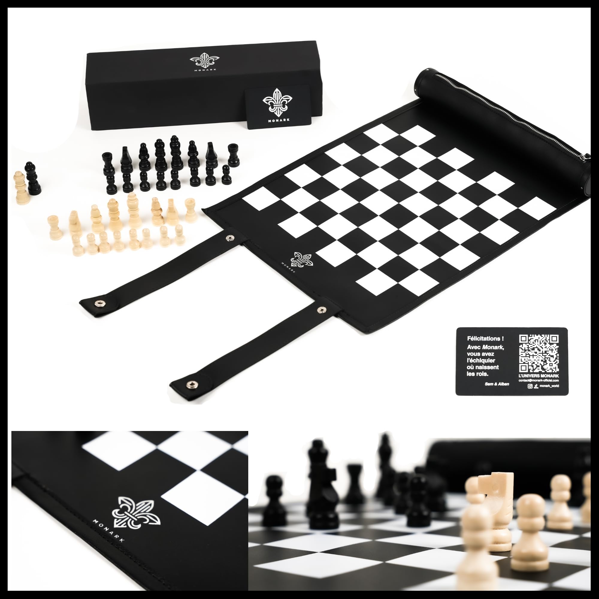 MONARK – Jeu d’échecs de Voyage Pliable en Cuir, échiquier Souple 35 cm, pièces en Bois, Set Portable Premium avec Trousse intégrée, Fabrication Artisanale, 2 Reines incluses