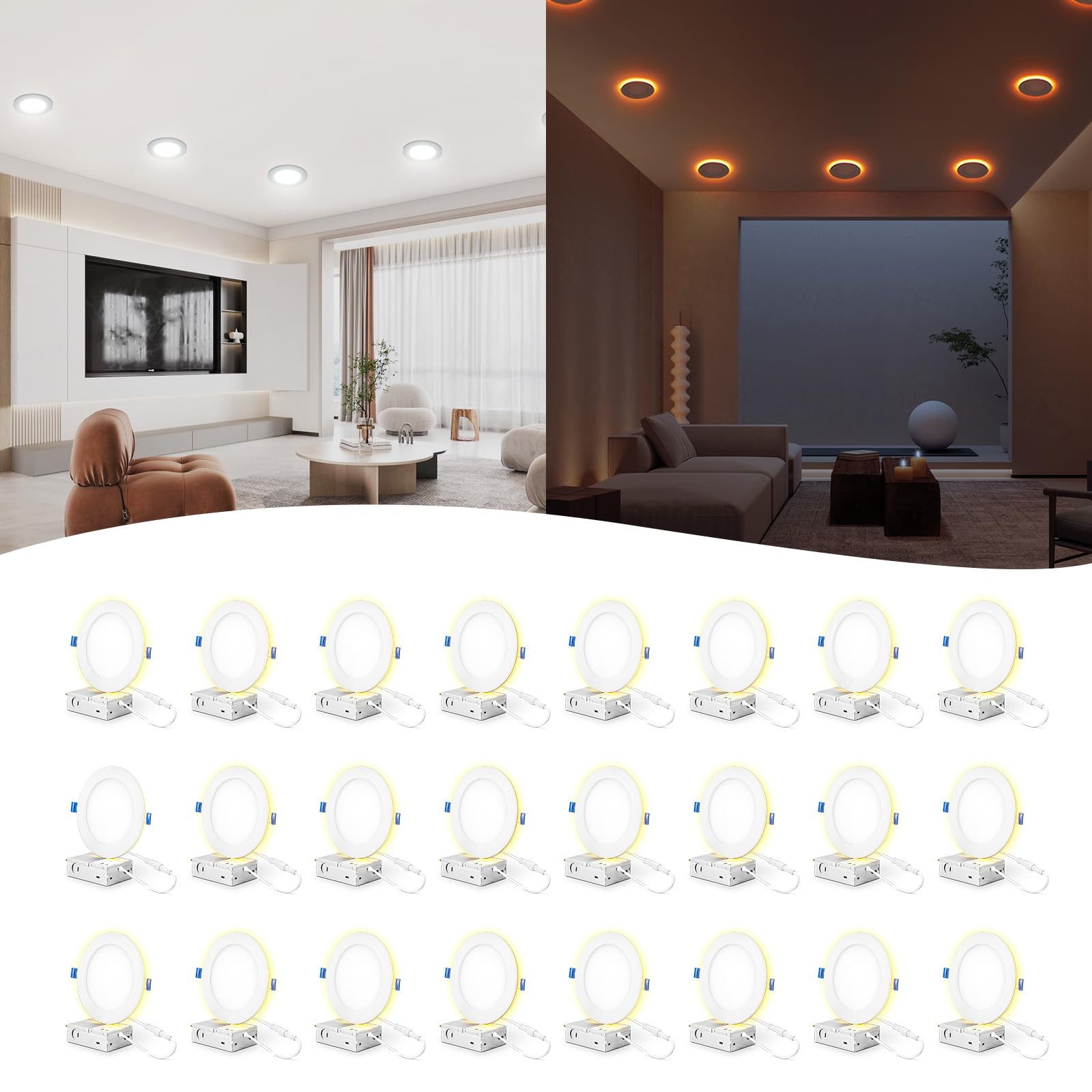 Comiled 24 Pack 6 Inch Led Recessed Lights with Night Light, Canless Ultra Thin Wafer Soffit Recessed Lighting Downlight, Dimmable & 5 Color