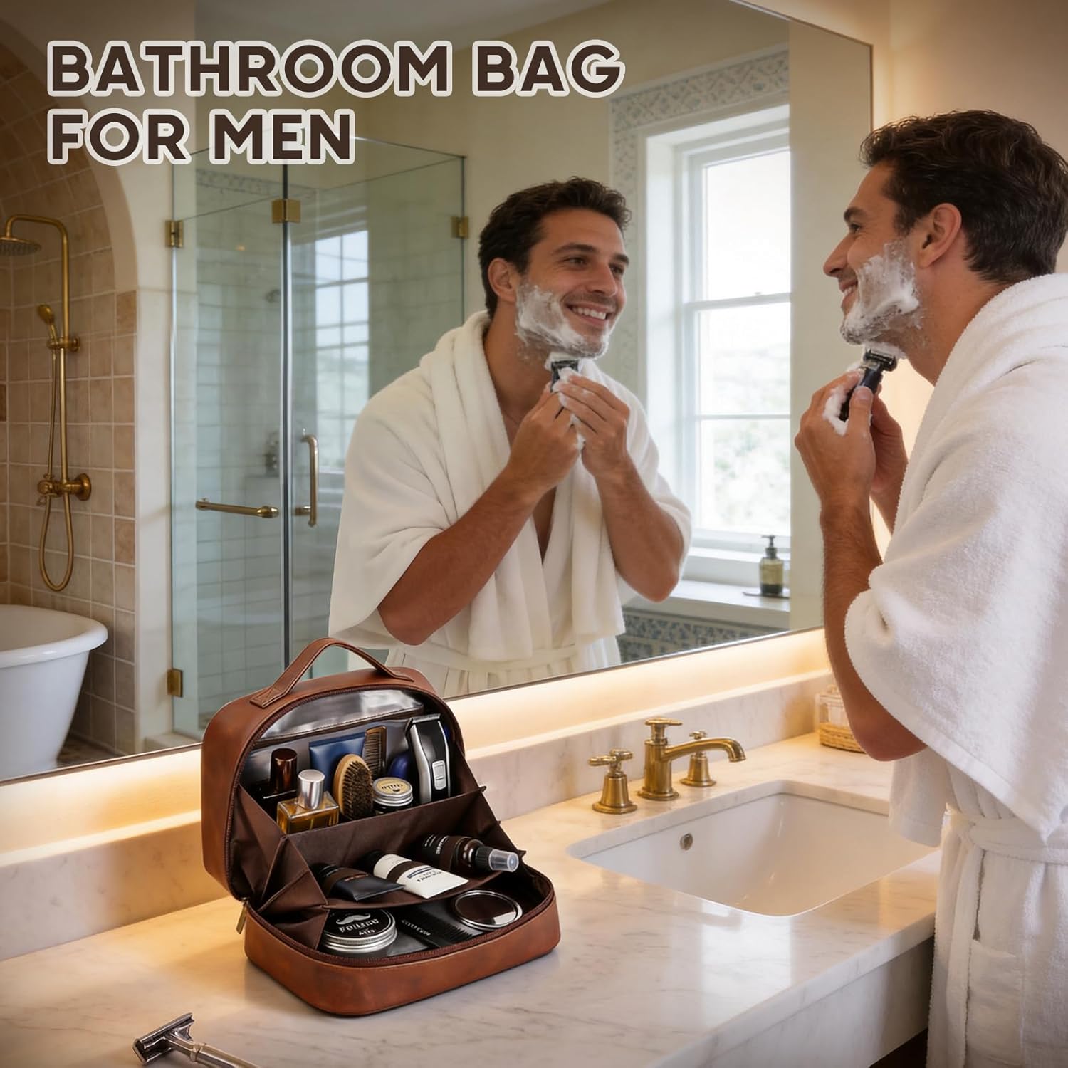 Travel Toiletry Bag for Men Water-Resistant PU Leather Toiletries Bag Men Travel Essentials Bag for Bathroom Grooming Shaving Shower - Brown