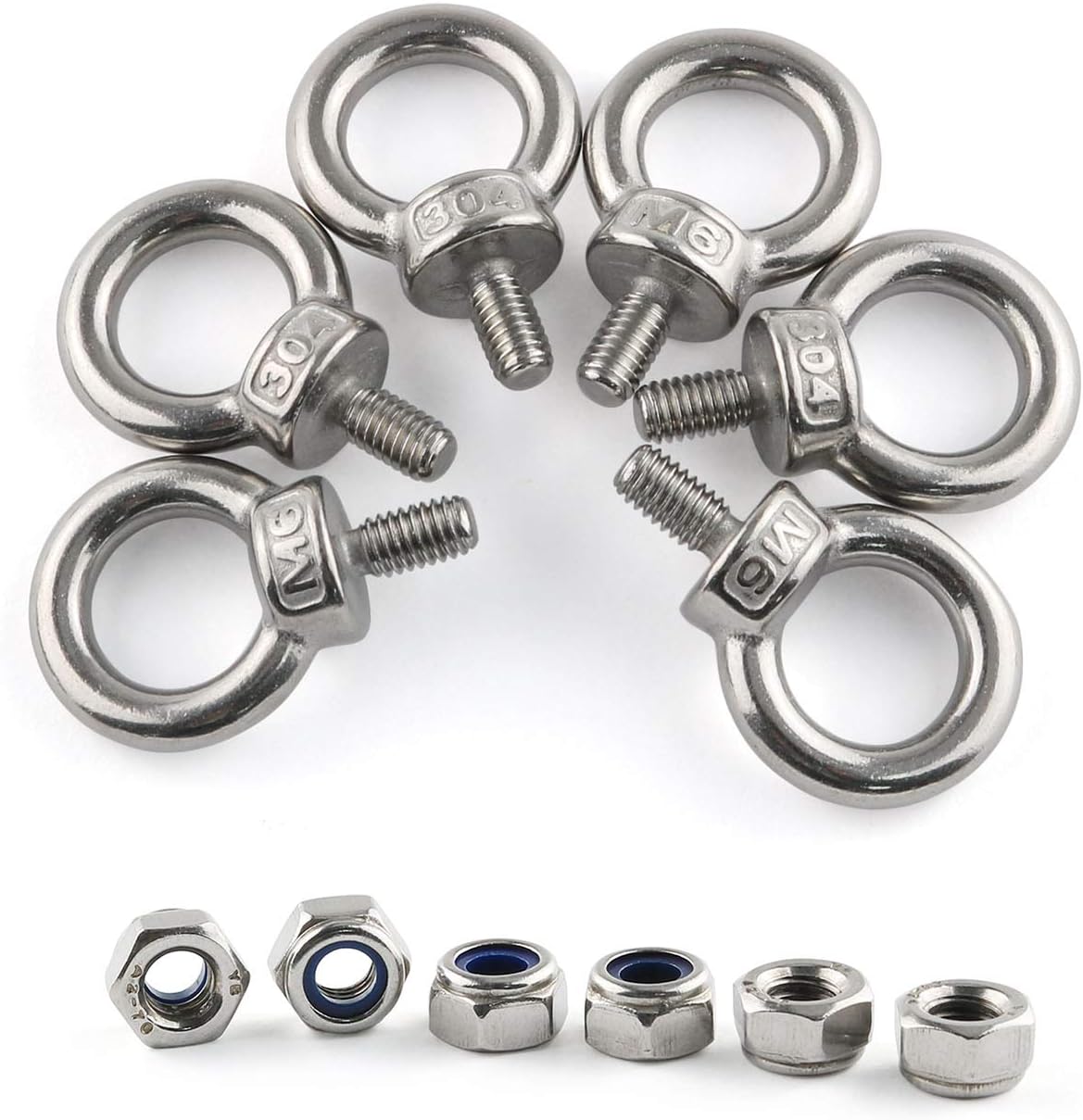 E-outstanding Eyebolt 6PCS M6x12 Male Thread Machinery Shoulder Lifting Ring Eye Bolt with M6 304 Stainless Steel Nylon Lock Nuts