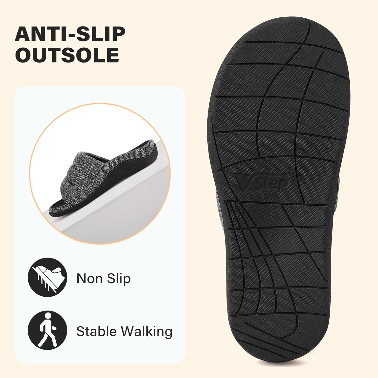 V.Step Orthopedic Slippers with Arch Support for Women Men, Orthotic Bedroom Slippers Slides for Plantar Fasciitis,Open Toe Slip on House Shoes Indoor Outdoor for Ladies, Foot Pain Relief (Black, Adult, Men, 5, Numeric, US Footwear Size System, Medium)