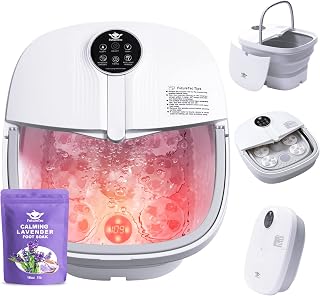Motorized Foot Spa Bath Massager with Heat Bubbles and Vibration Massage and Jets, 16OZ Lavender Foot Soak Epsom Salt, Collapsible Foot Bath Bucket with 24 Auto Massage Balls, Infrared & Remote
