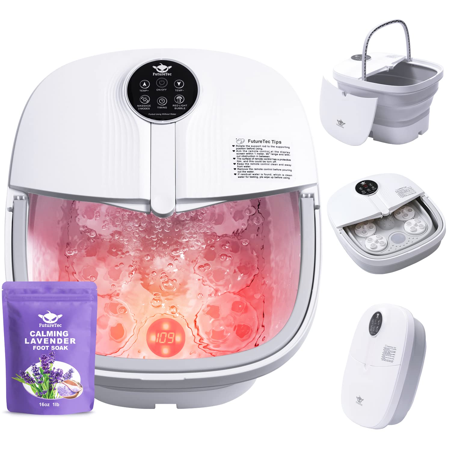 Photo 1 of Motorized Foot Spa Bath Massager with Heat Bubbles and Vibration Massage and Jets, 16OZ Lavender Foot Soak Epsom Salt, Collapsible Foot Bath Bucket with 24 Auto Massage Balls, Infrared & Remote White