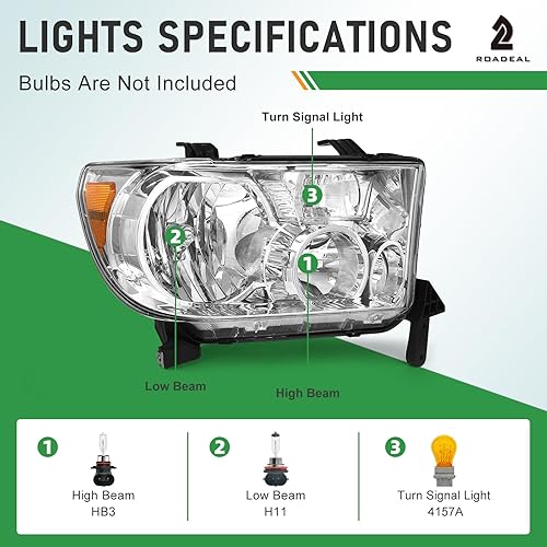 Miniatura 5 de ROADEAL Headlights Assembly for 2007 2008 2009 2010 2011 2012 2013 Toyota Tundra 2008-2017 Toyota Sequoia Headlamps Pair Chrome Housing (Fit