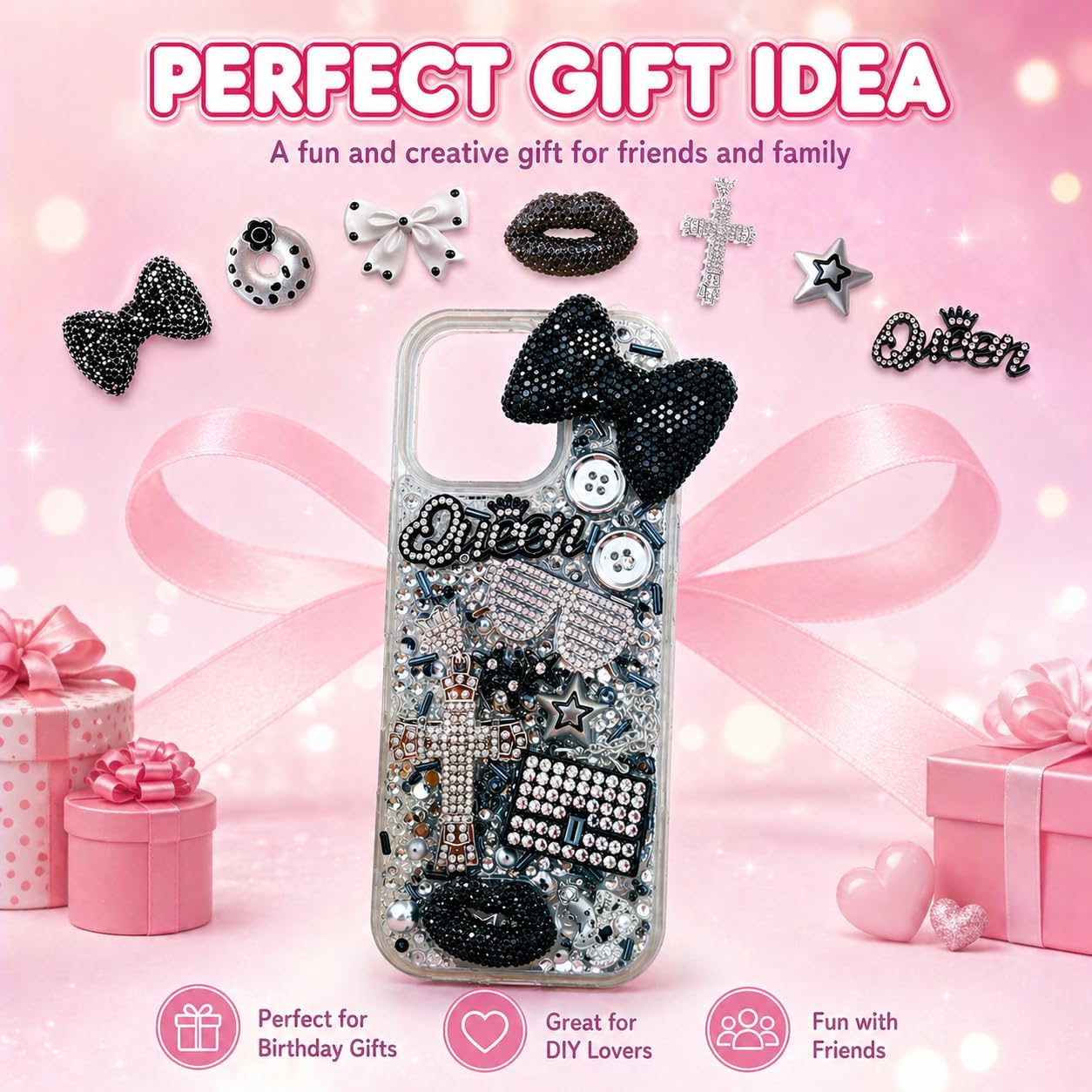 Black Junk Phone Case Charms Kit, Polka Dot Resin Alloy Pendant, Handmade Polymer Clay Beads for DIY Crafting Accessories