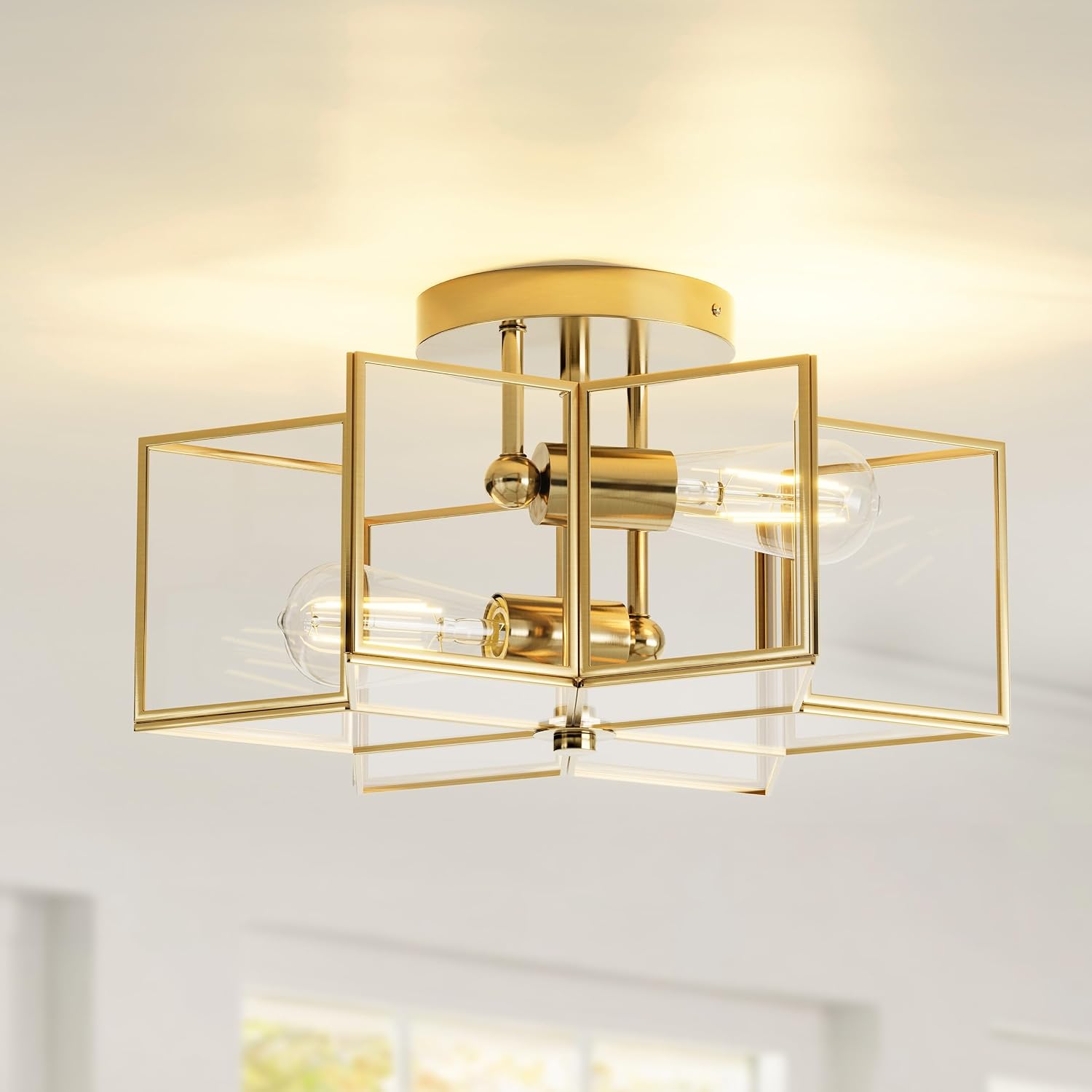 16.3”Star Semi Flush Mount Chandeliers,Brass Star Light Fixture,2-Lights Close to Ceiling Light Fixtures for Bedroom,Dining Room,Kitchen,Office (Gold-Octagon)