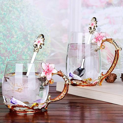 Miniatura 8 de Taza de cristal con flores hecha a mano, para café o té, regalo para esposa, madre, abuela, mujeres