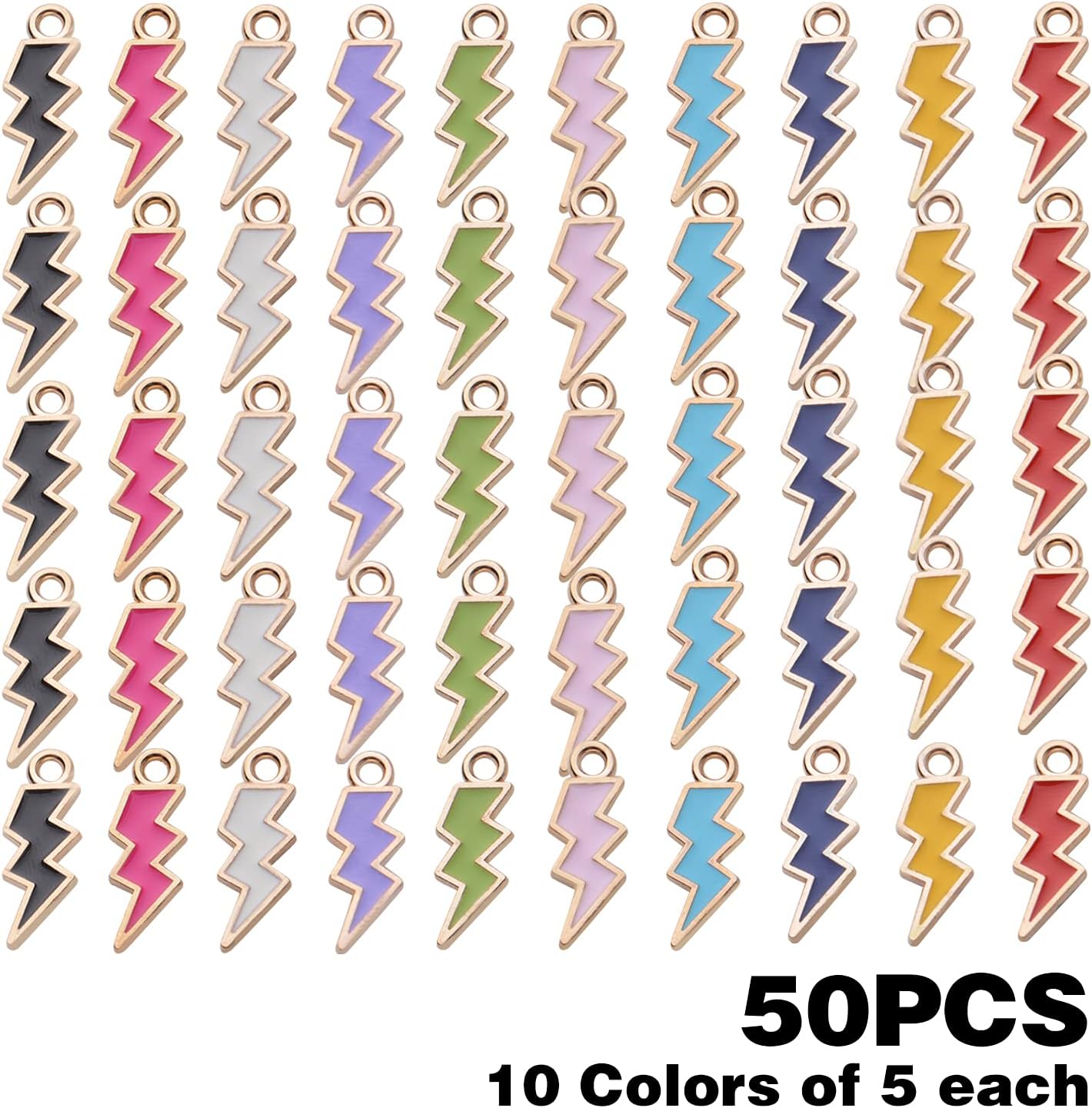 BronaGrand 50pcs Enamel Lightning Bolt Charm Pendants Gold Plated Alloy Flash Lightning Charm Celestial Dangle Charms for Bracelet Necklace Earrings DIY Jewelry Making Supplies,10 Colors - Image 2