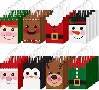 Yeaqee Christmas Gift Bags Bulk Small Size Merry Christmas Xmas Kraft Goodie Bags with Handles Holiday Gift Paper Bags for Kids Gift Wrapping Party Supplies 8.3 x 5.9 x 3.15'(Penguin, Snowman, Elk)