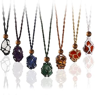 Stealth Stone 7 Chakra Healing Crystal Necklace Set, Boho Handmade Rope Cage and Hippie Energy Pendant Real Crystal Holder Necklace Crystal and Healing Stone Jewelry Spiritual for Women Men Kids