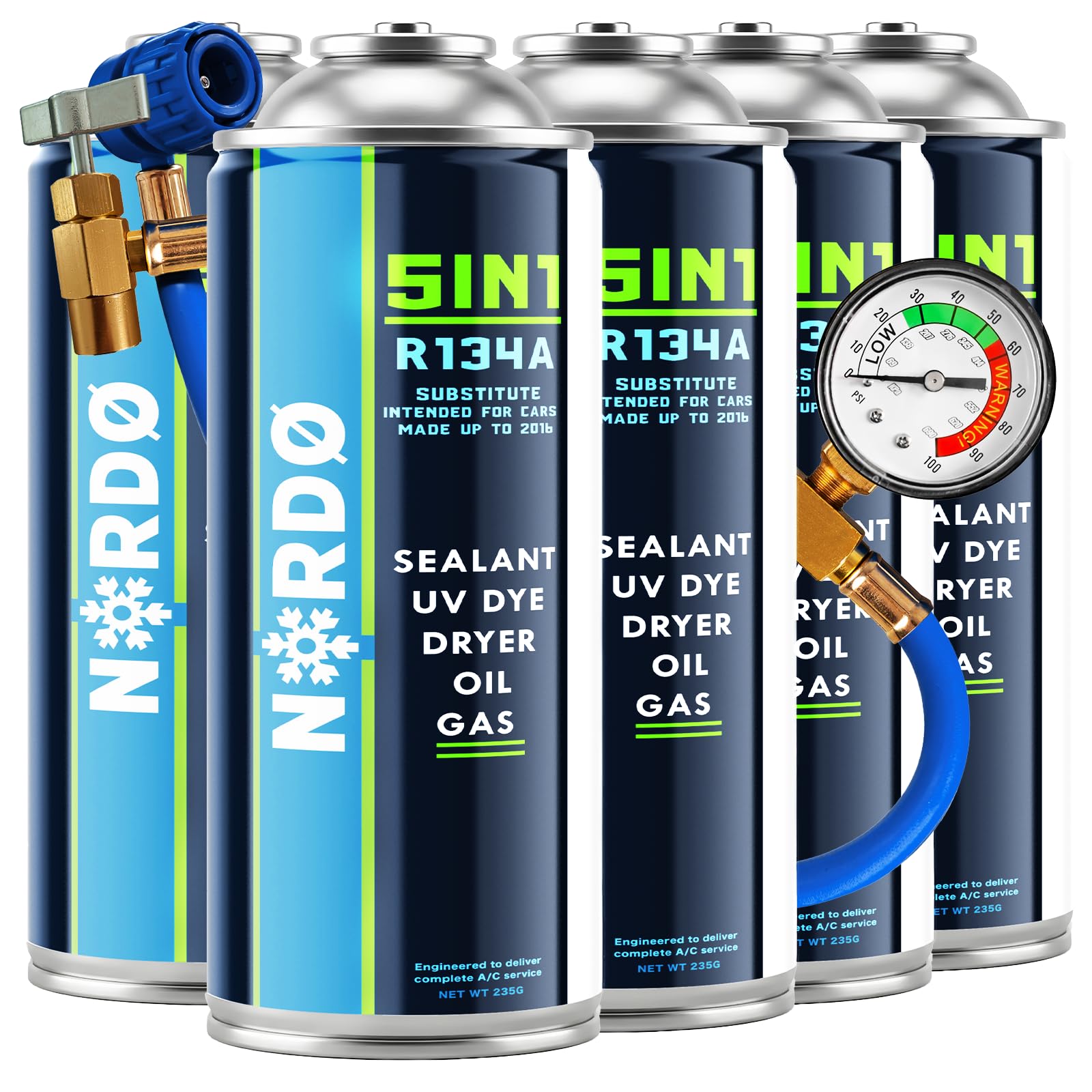 Nordo - 5in1 - Czynnik Chłodniczy R134a x5 + Wąż, 235g Każda Puszka, do Samochodowej Klimatyzacji z Olejem, Uszczelniaczem, Barwnikiem UV, Środkiem Osuszającym - Chroni Kompresor