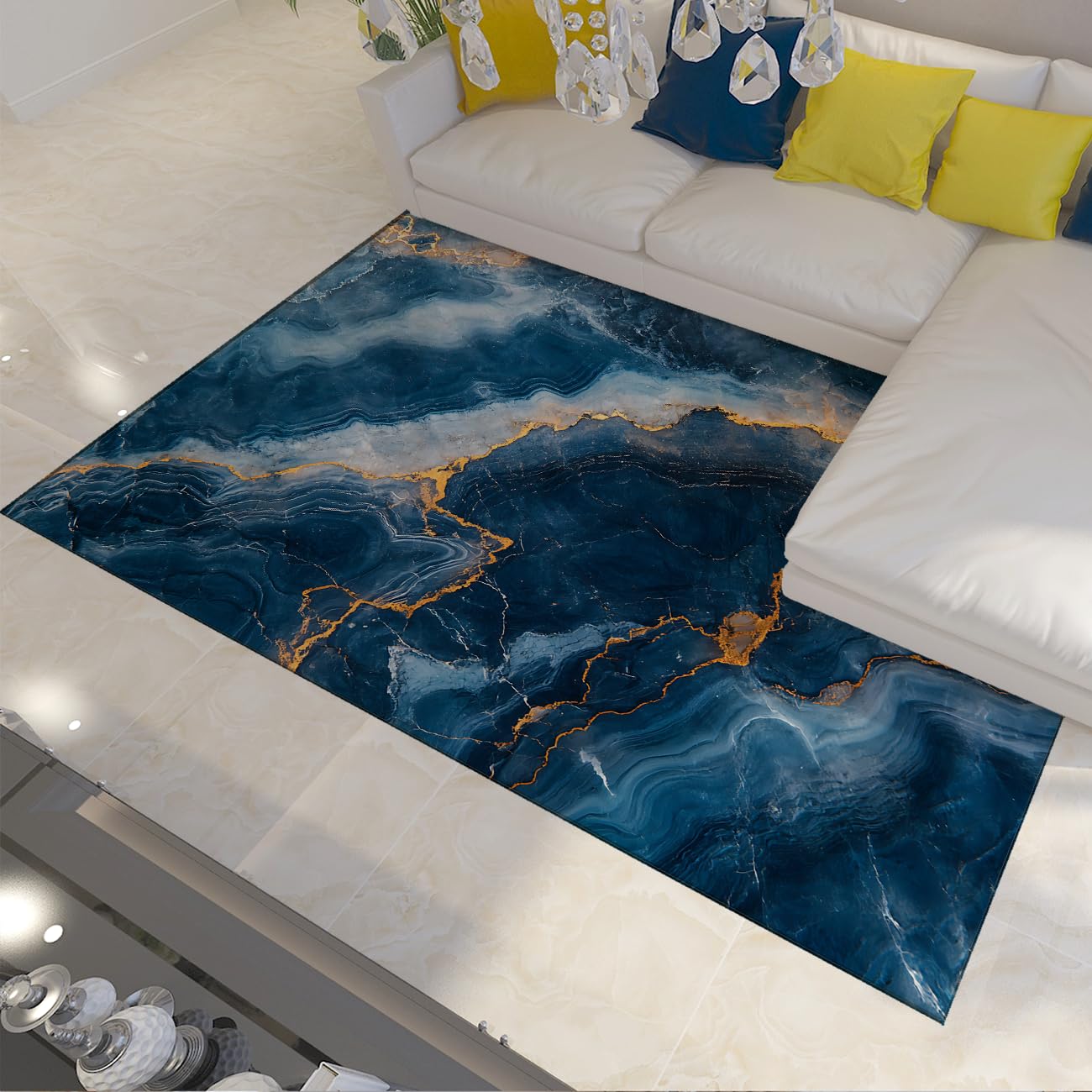 Tapis de salon moderne bleu lavable 120x150 pour des jeux d amis chaleureux au bureau