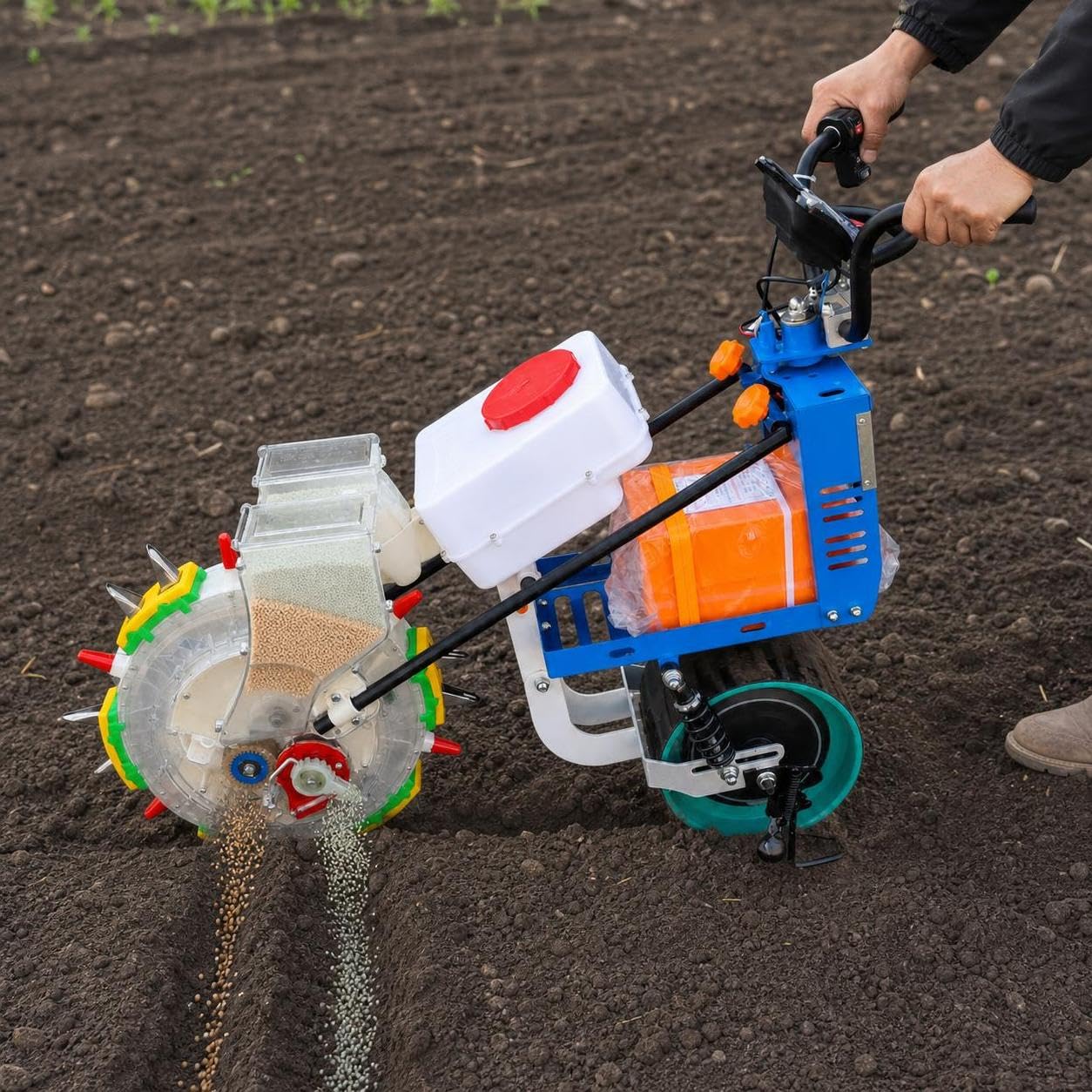 Semoir Autopropulsé Électrique avec Épanur d'Engrais, pour grans - pour grains , 1.35A assistance électrique