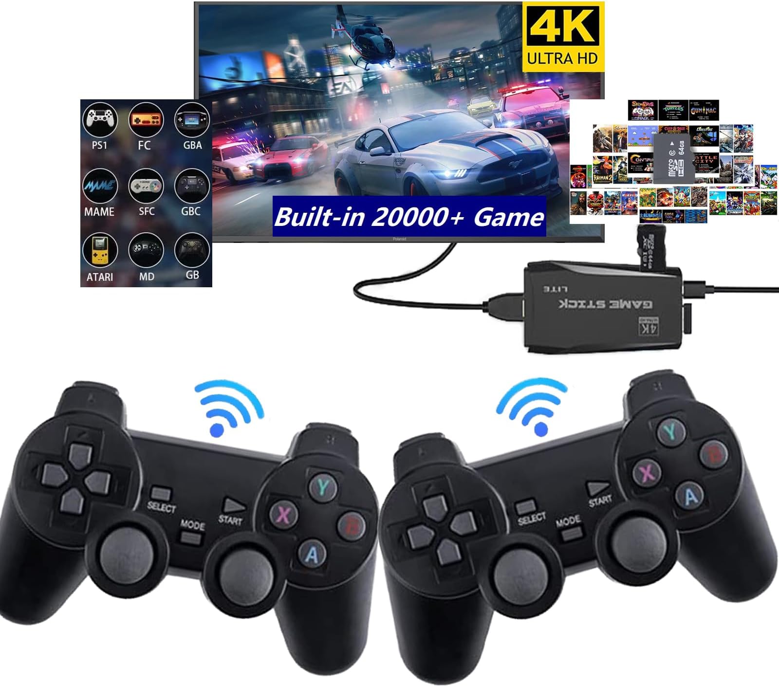 Tochinkar Wireless Retro Gaming Console(64G), Plug & Play Video TV Game Stick with Built-in 9 Emulators, 20,000+ Video Games,4K HDMI Output, Revisit Classic Games with Dual 2.4G Wireless Controllers