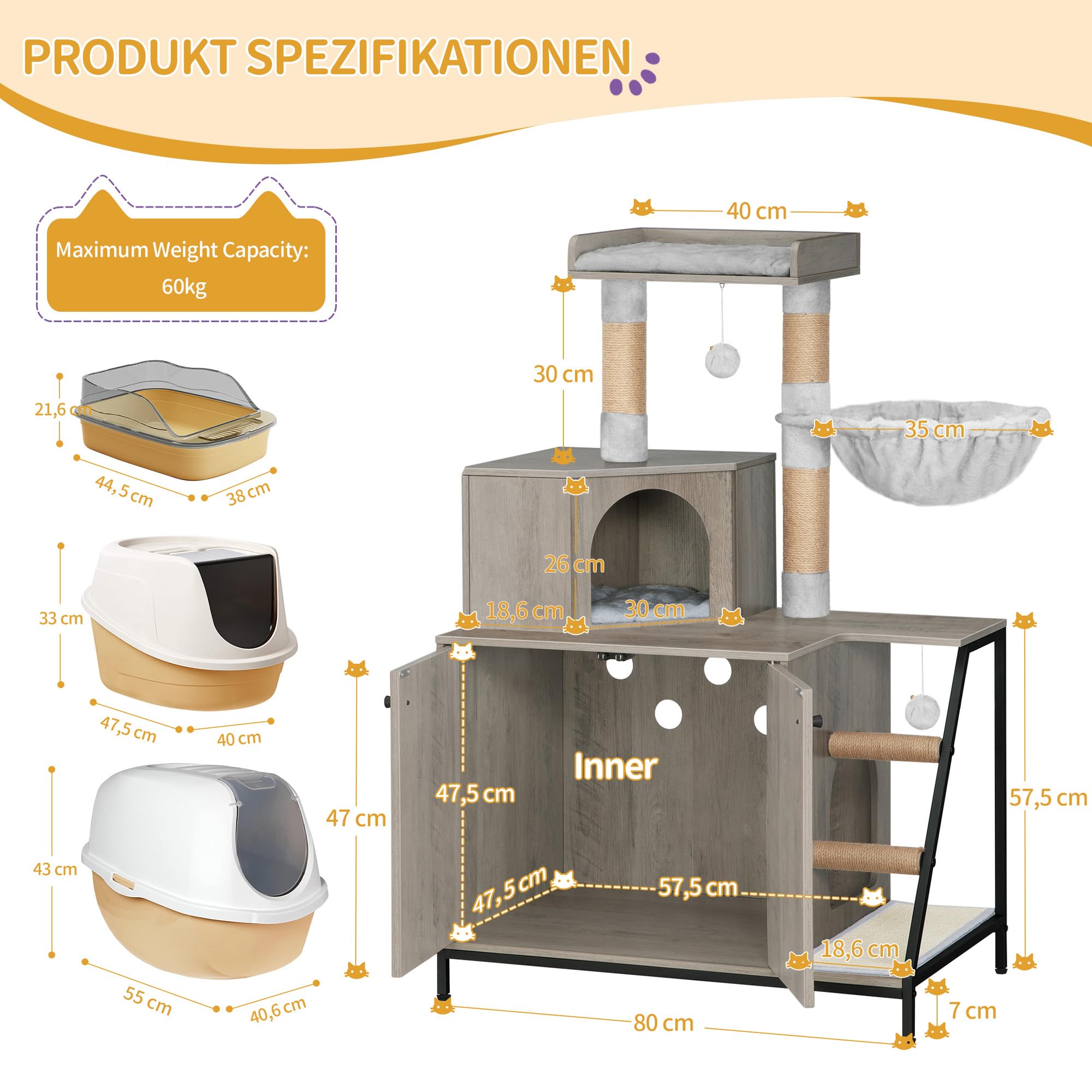Hzuaneri Kratzbaum mit Katzenklo-Schrank, Katzenschrank, 4-in-1 Modernes Katzenhaus mit Großer Plattform, Katzenhaus mit Sisal-Kratzmatte, Pfosten, Treppe und Pompom, Waschbare Kissen, Greige CB81005B