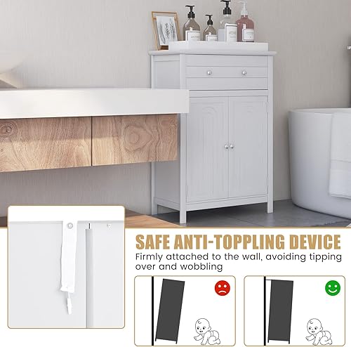 Miniatura 7 de COSTWAY Armario de suelo de baño, organizador de almacenamiento lateral de madera con cajón más grande, estante ajustable y armario de 2 puertas,