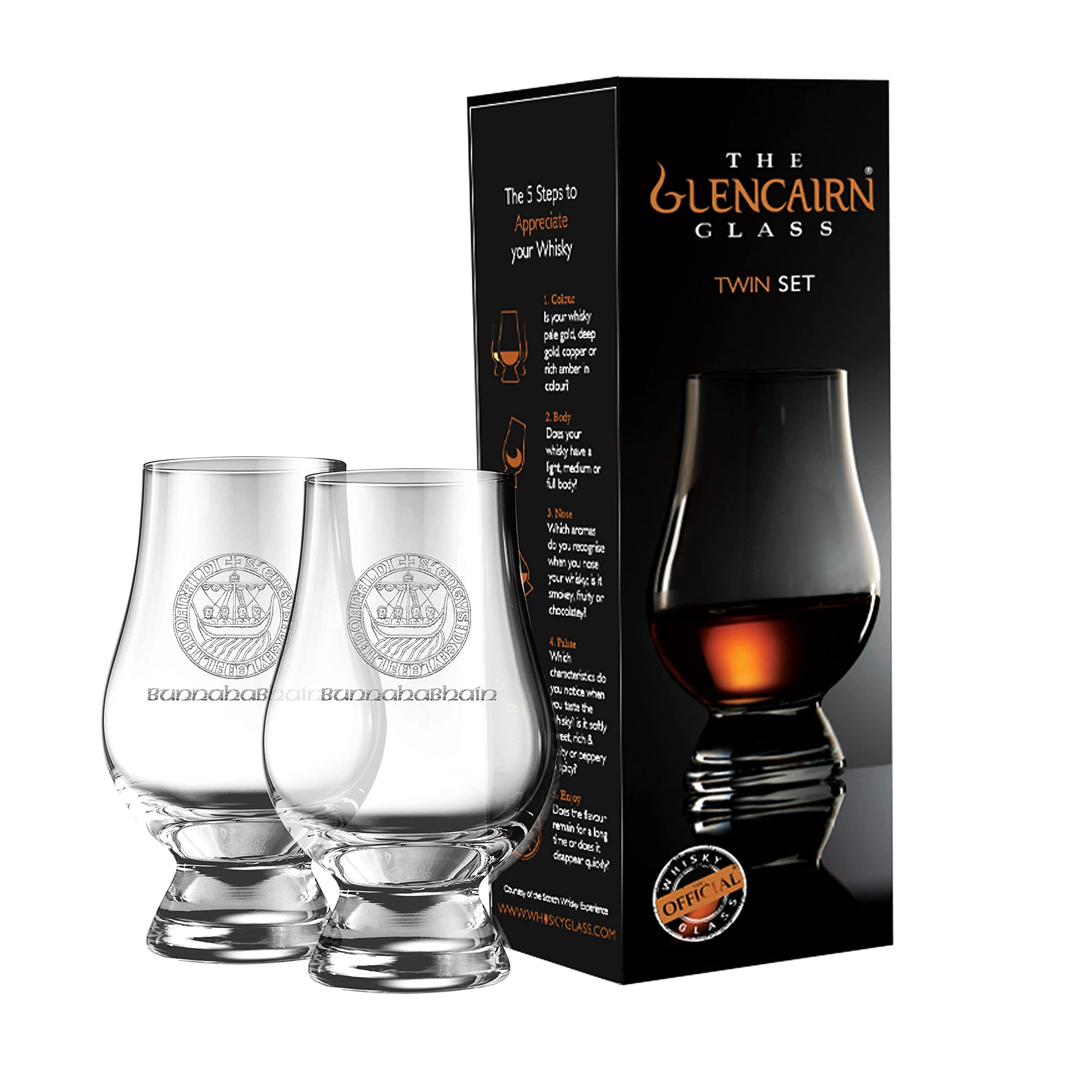 GLENCAIRN BUNNAHABHAIN ISLAY CREST BRANDED WHISKY GLASS, SET OF 2 IN TWIN GIFT CARTON