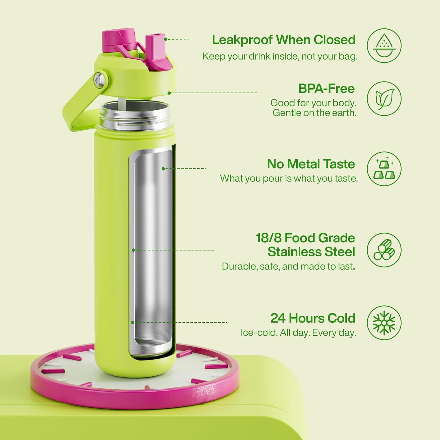 ENCOOL Insulated Water Bottle with Straw Stainless Steel Water Bottle, Leak-Proof, BPA-Free, Double Wall Vacuum Keeps Cold for 24 Hours for Sports, Travel, School (26 oz, Acid Green) - Image 5