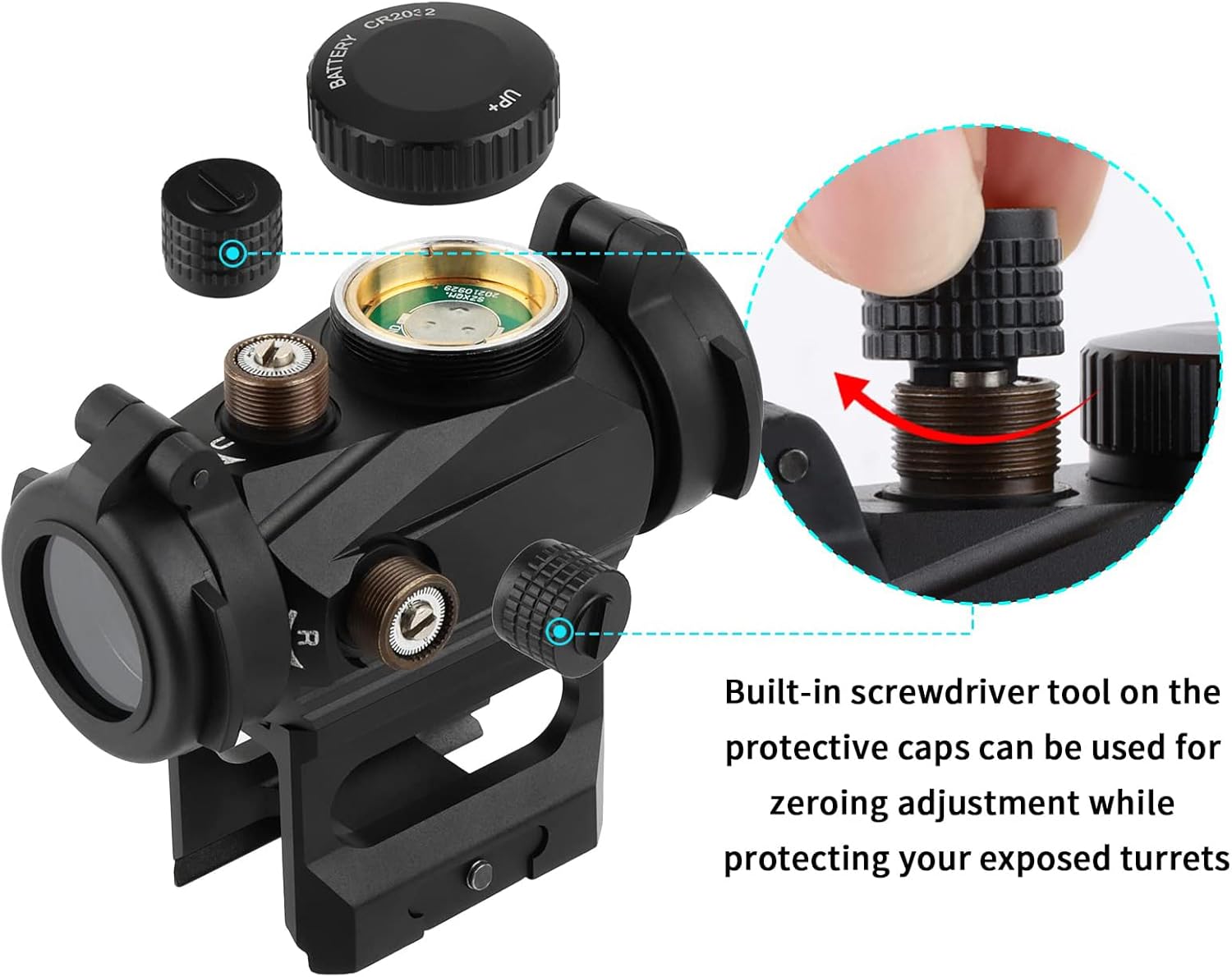 FOCUHUNTER 1x20mm Optics Red Dot Sight, 2 MOA Shake Awake Red Scope 12 Brightness Adjustment, Waterproof Shockproof Compact Scope, Compatible with Two 21mm Picatinny Rails & Flip-Up Lens Covers