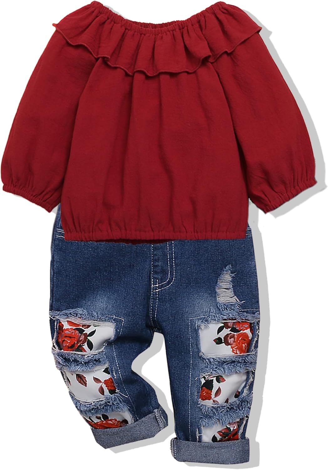 NZRVAWS Baby Girl Clothes Toddler Girl Outfit Infant Denim Ripped Jeans Ruffle Floral Leopard Shirt Pant Set Girl 0-4T