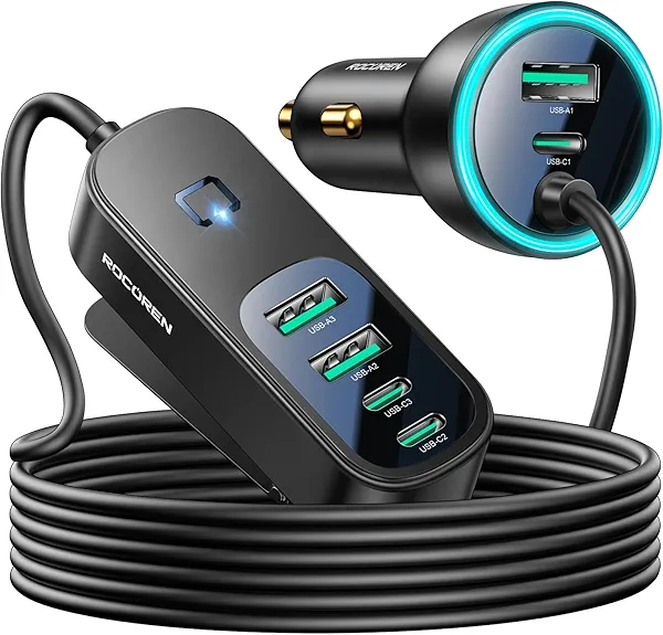 Rocoren 105W 6-Port Multiport Car Charger, PD Fast USB C Car Charger for Multiple Devices,Cigarette Lighter Adapter Car Travel Essentials for Road Trips with 5FT Cable,Car Accessories for iPhone 17/16