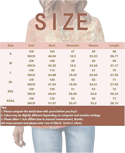 Miniatura 3 de Camisetas para mujer, diseño étnico, floral, bohemio, manga larga, cuello Henley, cuello en V, con botones