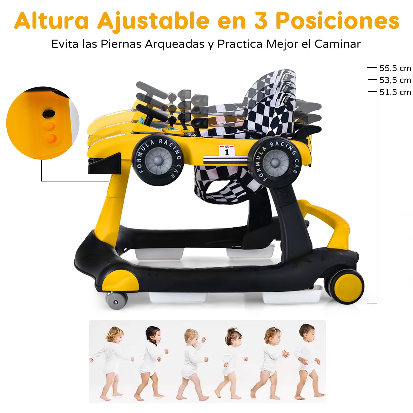 RELAX4LIFE 4 en 1 Andador para Bebés 6-18 Meses, Andador Plegable con Altura Regulable en 3 Niveles, Tacatá Bebés con Luces, Sonidos y Velocidad Controlable, 64 x 73 x 50,5-55,5 cm (Amarillo)