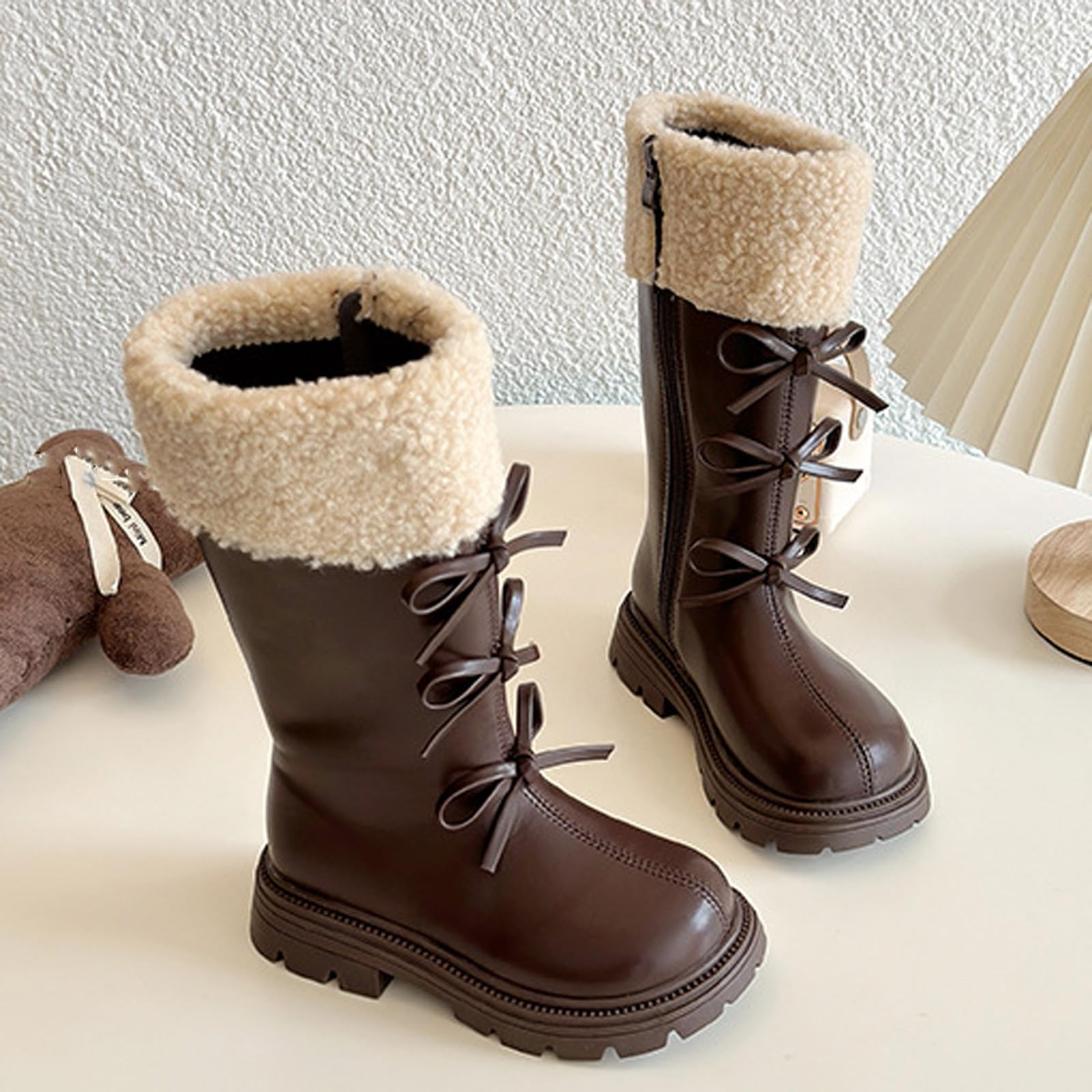 Botas de Nieve Otoño e Invierno para Niña Gruesas y Cálidas Botas Alta de Piel con Forro Polar con Lazos Bota de Media Caña con Cremallera Lateral Estilo Británico Botines Niña Plano para Uso Diario