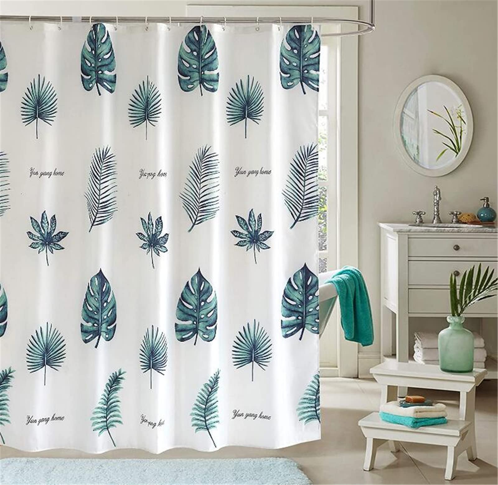 Rideau Salle Bain Öko-Tex Rideau De Douche Imperméable 180x200 Cm - Motif Feuilles Tropicales, Anti-Moisissure, Lavable - Salle De Bain Moderne Rideau Anti-moisissure Motif Feuilles
