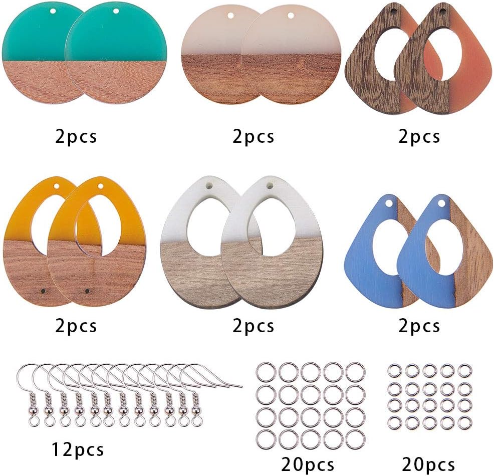 SUNNYCLUE 1 Bag 64Pcs 6 Colors Resin Wood Dangle Drop Earring Making Starter Kit Lightweight Round Drop Resin Wooden Pendant Charms Jewelry Making Supplies for Women Beginners
