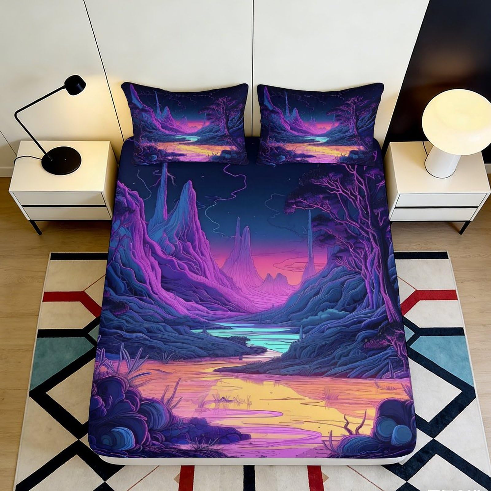 3D Printed Fantasy Mountain Fitted Sheet Microfiber Soft Breathable Sunset Landscape Bed Cover for Bedroom Decor 90x200x25cm