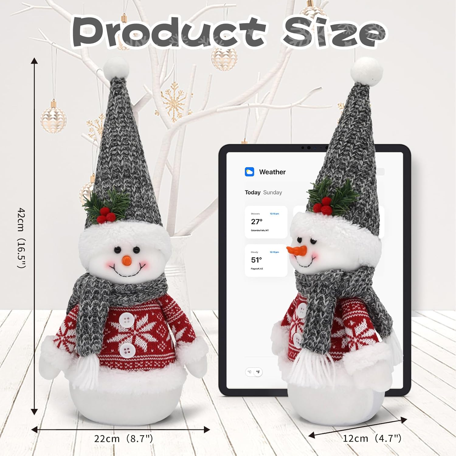 CRCZK Large Winter Christmas Snowman Plush Decor - 16.5inch Cozy Winter Holiday Decor - Classic Red & Grey Knit Design - Festive Christmas Plush Decorations for Home, Ideal