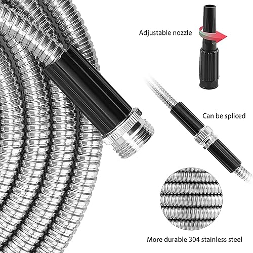 Miniatura 5 de Manguera de jardín de metal de 75 pies, manguera de agua resistente de acero inoxidable con 2 boquillas, sin enredos ni torceduras, ligera y