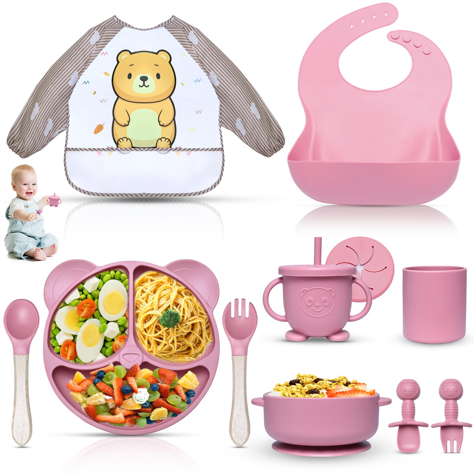 Dazhtu 11 Stücke Silikon Baby Geschirrset, Kindergeschirr Baby-Teller Rutschfest mit Saugnapf, Baby-Teller mit Saugnapf, Schüssel, Lätzchen,Löffel,Gabel,Baby-Trinkbecher, BPA Frei, Rosa