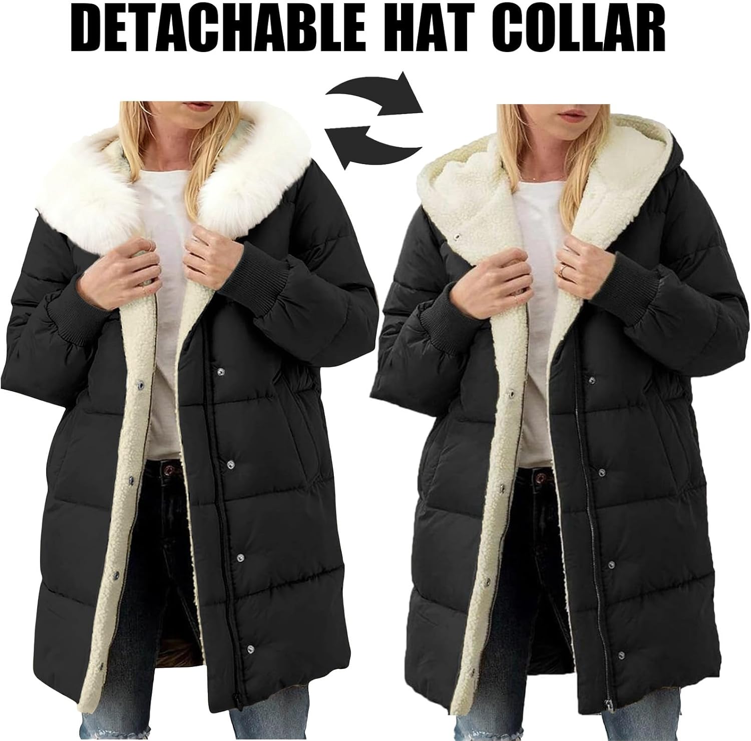 Down Jacket Women Full Zip Long Padded Bubble Jackets Winter Warm Fur Collar Hooded Coat Outerwear