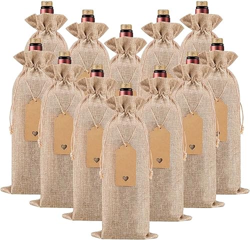 Homum 12 bolsas de vino de arpillera de alta calidad y 12 etiquetas de regalo, bolsas de regalo de vino reutilizables con cordones, bolsas para