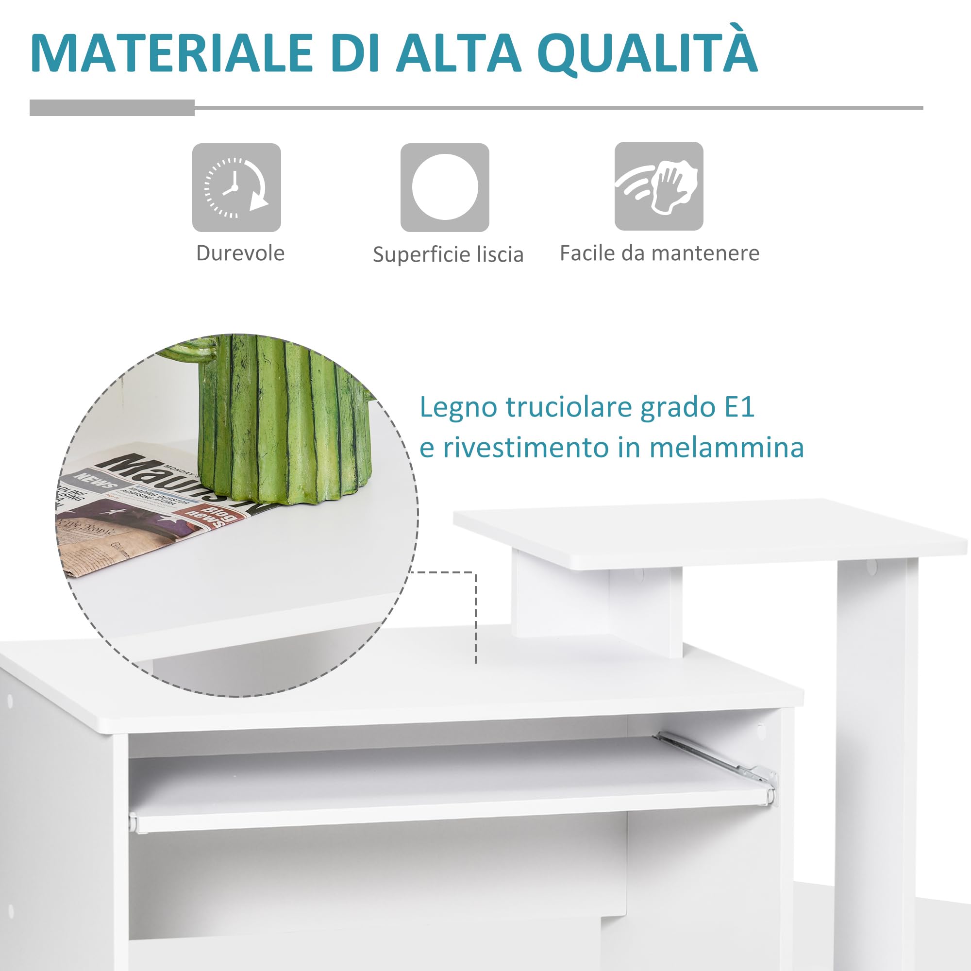 HOMCOM Scrivania Moderna Porta PC con Ripiano 100x40x86.6cm Bianco e Nero | Scrivania per Computer, Mensola Porta Tastiera, Cassetto in Tessuto