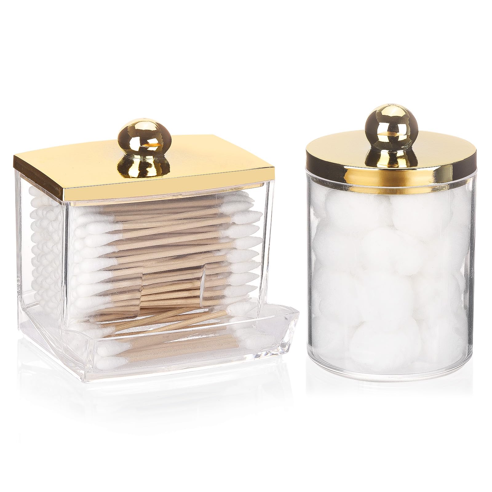 Tbestmax 2 Pack Qtips Dispenser - Bathroom Organizers and Storage Containers, Plastic Apothecary Jars with Gold Lids for Cotton Swab, Cotton Round Pads, Floss