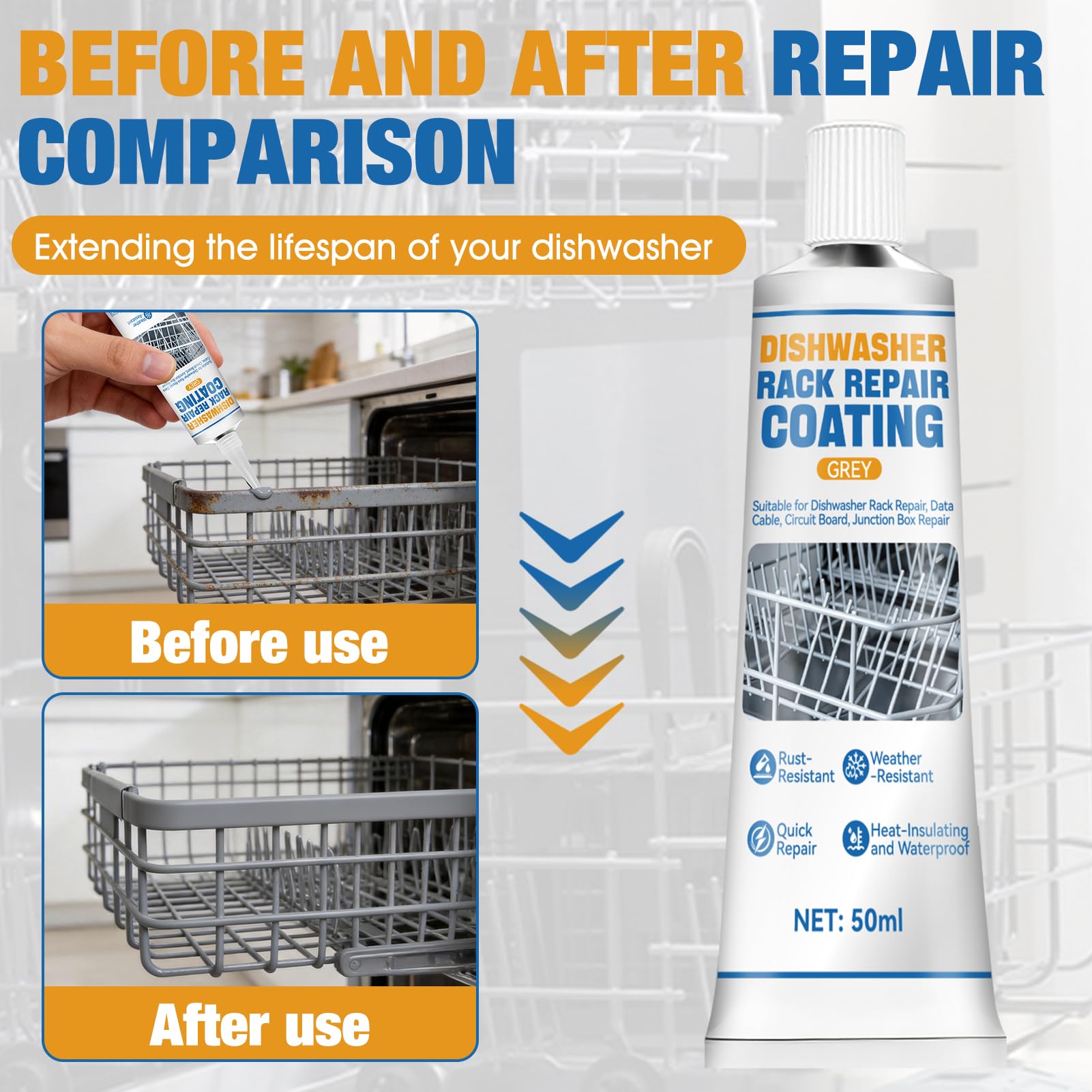 AllisWay Pintura Oxido Lavavajillas, Pintura para Cestas Lavavajillas, Masilla Plastico Reparacion, Resistente al Agua, Reparación Altamente Efectiva, Duradera Resistente, Gris, 50ml — view 4