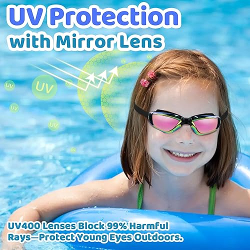 Miniatura 6 de Vvinca Swim Goggles for Kids 2 Pack, kids Goggles Anti-Fog/UV No Leaking Swimming Goggles for Age 3-15 Boys Girls 08-negro oro y negro rosa,01-rosa