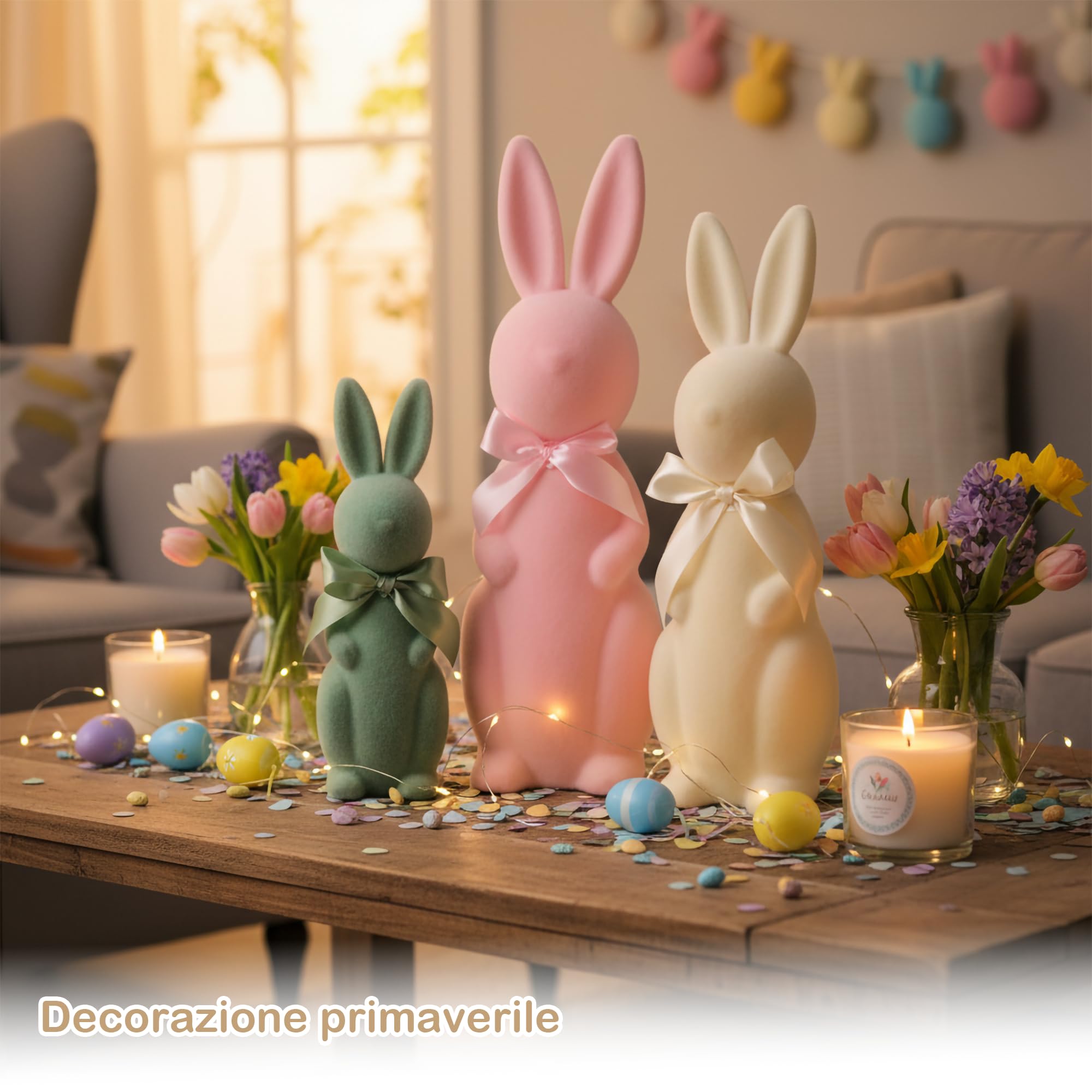 Lanpn Set di 3 Conigli Pasquali Floccati con Papillon, Statuette Pastello per Decorazioni da Tavolo, Mensole e Casa, Decorazioni Primaverili (Rosa Beige Verde)