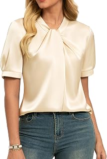 GRACE KARIN 2026 Women's Satin Mock Neck Blouse Short Sleeve - Elegant Business Casual Silk Tops for Work