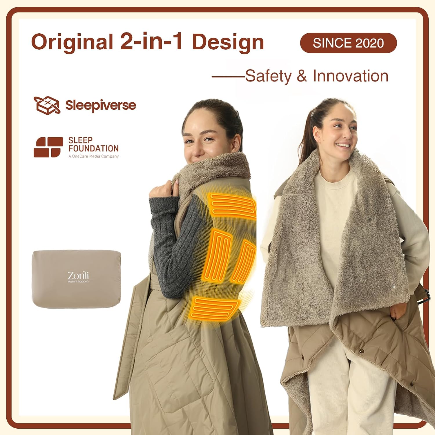 ZonLi Electric Wearable Heated Blanket, 2-in-1 Design Portable Cordless Heated Blankets Battery Operated Heated Shawl Blanket, Rechargeable Power Bank for Home, Office, Travel, Gift for Christmas