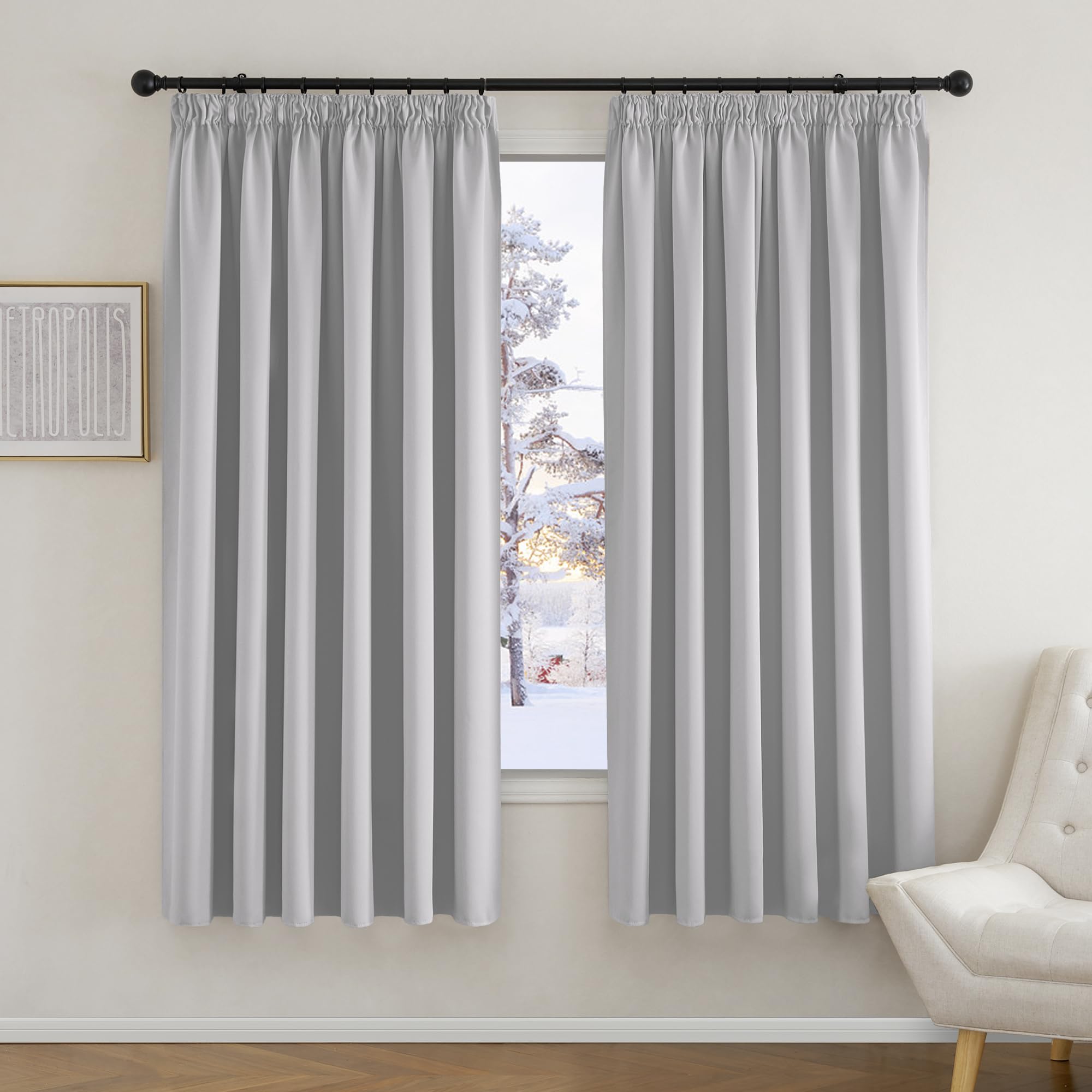 PONY DANCE Silver Blackout Curtains Pencil Pleat Thermal Insulated Curtains 90x72 Inch for Living Room / Bedroom / Lounge Extra Wide Curtains for Window Treatment W90 X L72