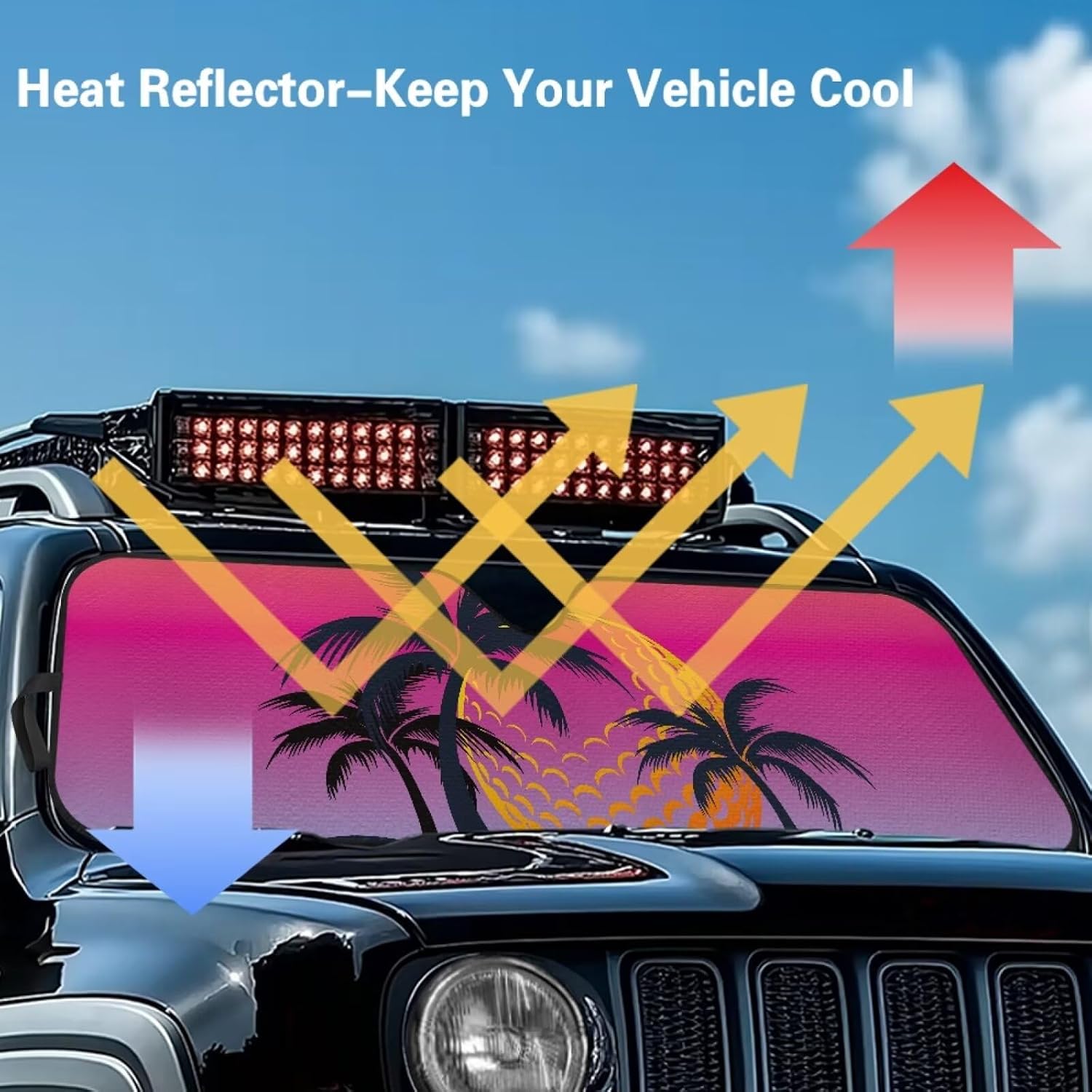 Pensura Windshield Sun Shade Compatible with Jeep Wrangler 1997-2018, Foldable Sunset Palm Tree Front Sunshade Blocks UV Rays and Heat, Sun Shade Shield Compatible with Wrangler JK JKU TJ