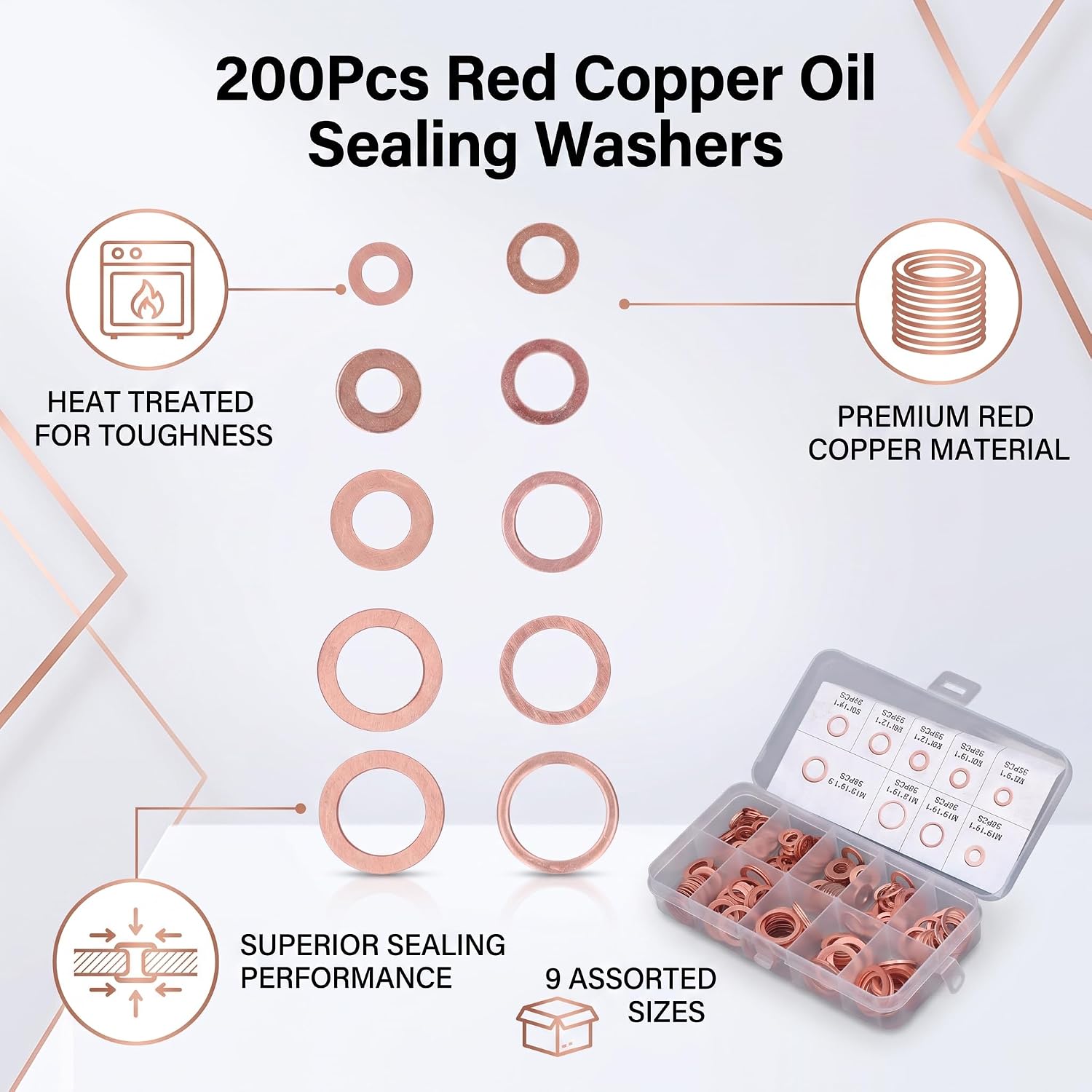 Copper Oil Drain Washers Kit, High-Temp Red Sealing Gaskets, 200Pcs 9-Size Assortment for Automotive Engine Oil Changes