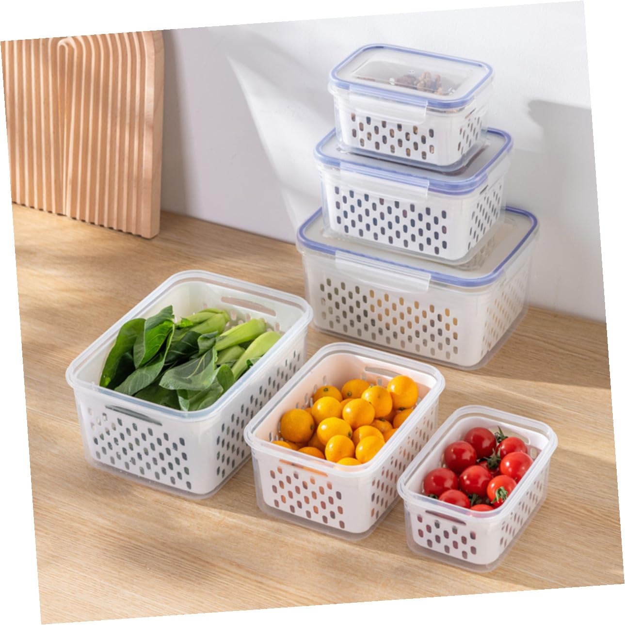 Alipis 3 Stück Kühlschrankbox aus Pp mit Deckel und Abtropfkorb | 850 Ml, 1750ml und 3300ml, Weißes, Herausnehmbarer Einsatz für Obst und Gemüse