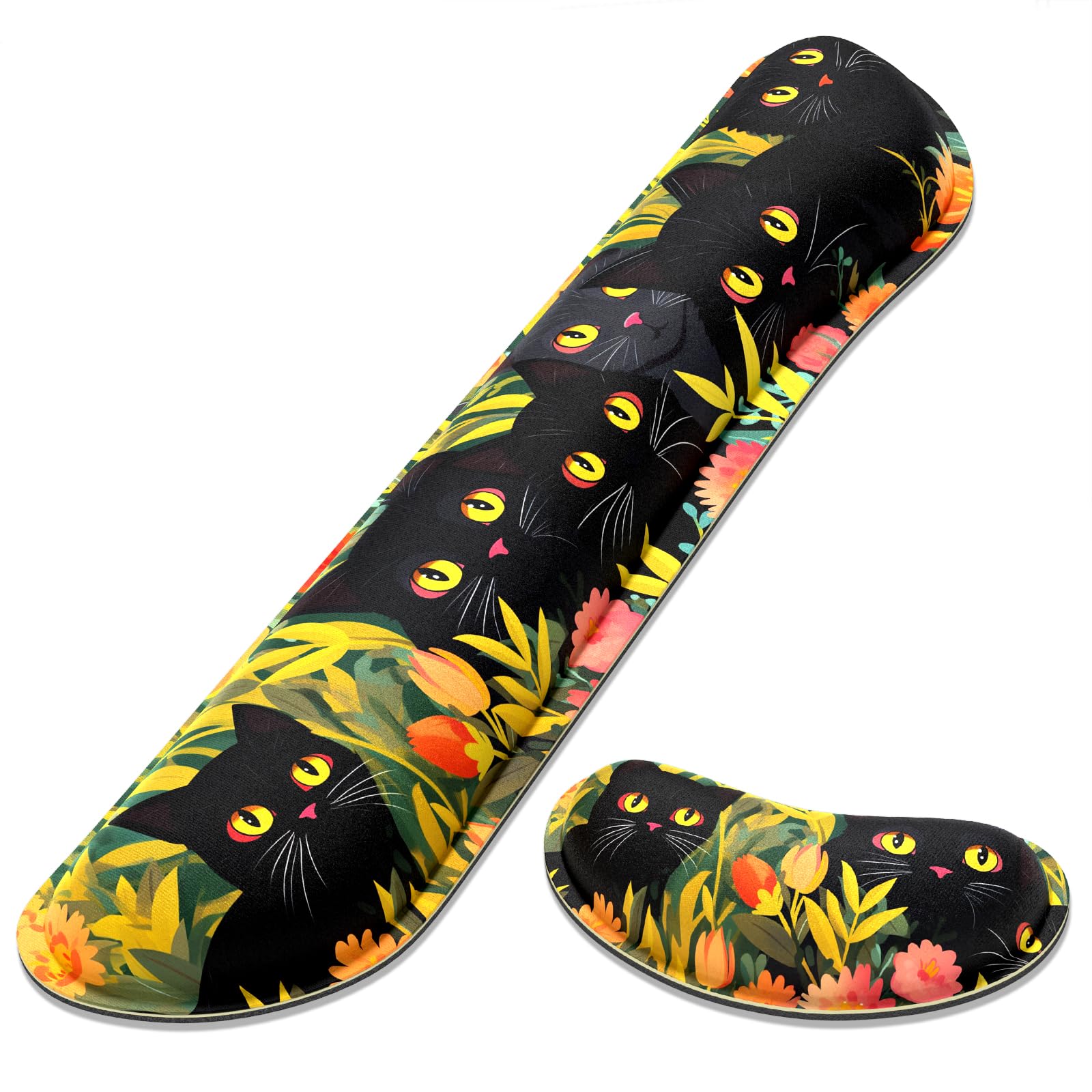 Dapesuom Enlarge Keyboard Wrist Rest, Memory Foam Wrist Cushion for Desk Mats Support, Cute Typing Pain Relief Keyboard Mouse Pad Rests Set with Non-Slip Base for Gaming Laptop Computer, Black Cats